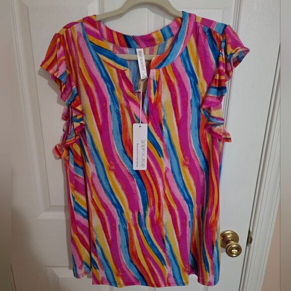 Colorful Striped Ruffle Sleeve Top NWTS Xl - Picture 3 of 3